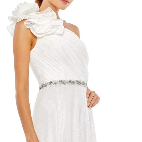 MAC DUGGAL RUFFLES ONE SHOULDER ROSETTE applique A-LINE WHITE GOWN sz 4 - Picture 3 of 5